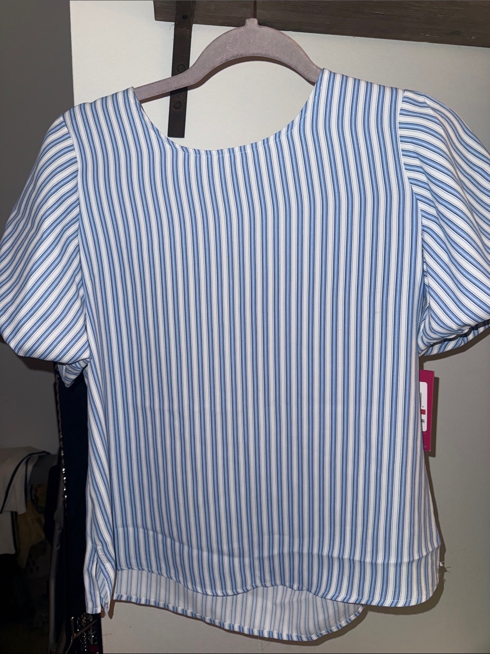 Vince Camuto Blue and White Vertical Stripe Short-Sleeve Blouse